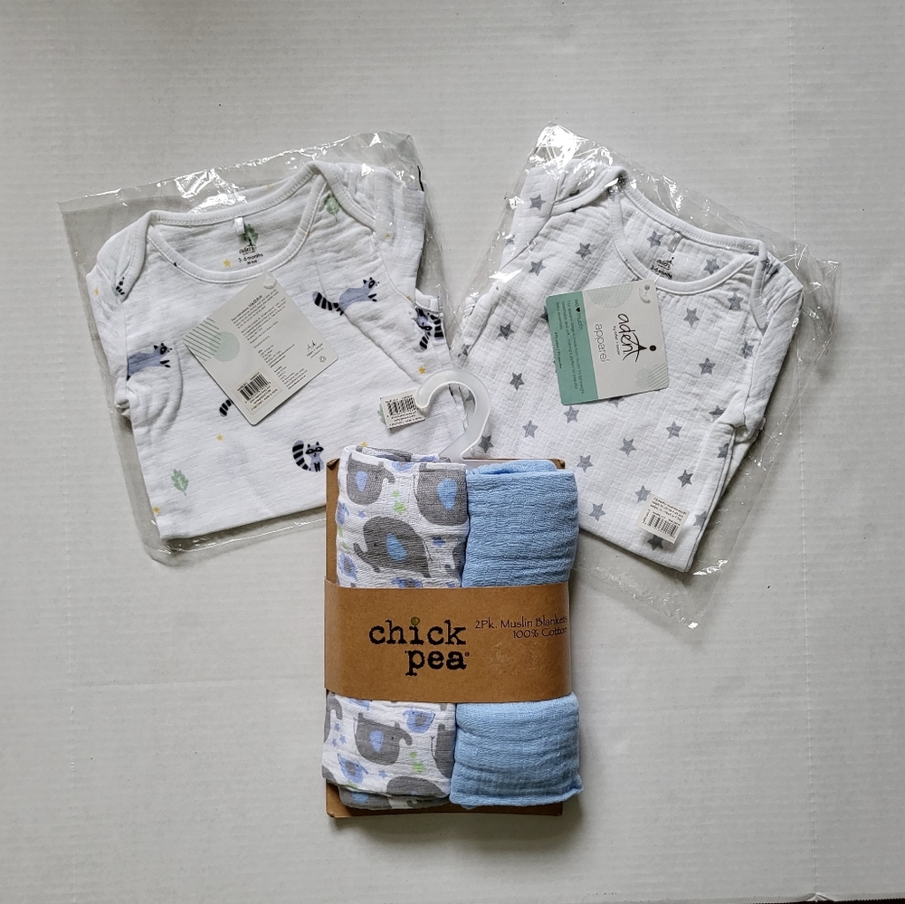 NWT  BUNDLE 3-6months Bodysuits and Blankets aden + anais, chicke pea